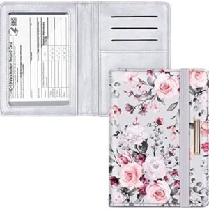 Passport and Vaccine Card Holder,Traveling Passport Cover with CDC Vaccination Card Slot RFID Blocking Passport Wallet for Women and Men, Grey Flowers