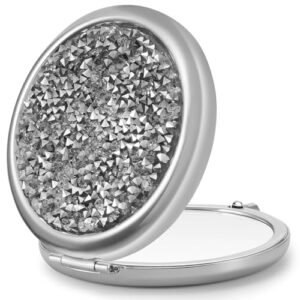 Compact Mirror for Purse, Double-Sided 1X/2X Magnifying Round Metal Pocket Makeup Mirrors(Silver, Mix Diamond)