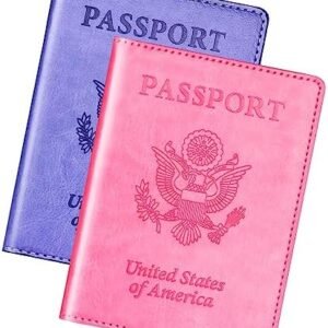 Passport Holder Cover Wallet Case for 2 Women Men Family, Passport Book Holders Covers Wallets Travel Must Haves Cruise Ship Essentials (pink & purple)