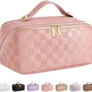 Cosmetic Bags for Women Travel Large Opening Portable Bag Opens Flat for Easy Access, Toiletry Bag,PU Leather Cosmetic Organizer for Women Girls, Pink