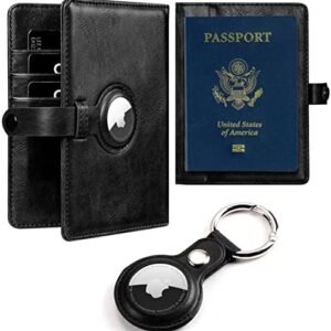 Travel Passport Wallet with Airtag Holder,RFID Passport Vaccine Card Holder with Air Tag Luggage Keychain,Leather Passports Cover Wallet Multiple Card Holders for Men and Women(Black)