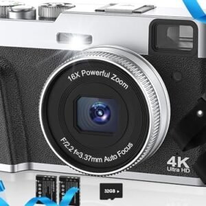 Upgraded 4K Digital Camera with SD Card Autofocus,48MP Point and Shoot Camera with Flash Viewfinder & Dial,Vlogging Camera Anti-Shake,16X Zoom Portable Travel Camera,2 Batteries