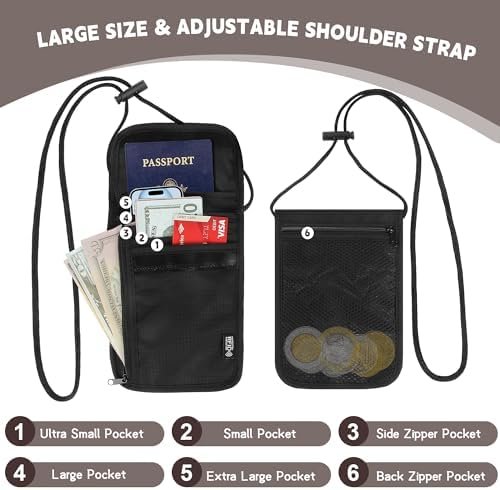 Family Passport Holder Neck Pouch, RFID Blocking Security Lightweight Cross Body Passport Travel Wallet, Slim Neck Wallet Gifts for Women Men(Black) - Image 4