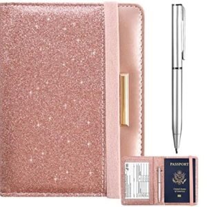 Caweet Passport Holder and Vaccine Card Holder Combo RFID Blocking Leather Vaccination Card Wallet with Elastic Band Closure, Glitter Rose Gold