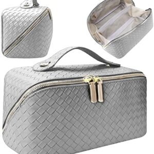 Makeup Bag, Travel Makeup Bag, Leather Waterproof Makeup Bag, Portable flat Large Opening Makeup Bag,Multifunctional Storage Travel Toiletry Bag Skincare Bag(Woven-Silver)
