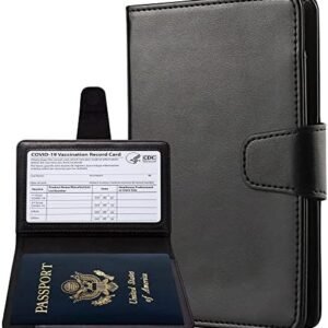 Teskyer Passport and Vaccine Card Holder Combo, Fit for 4 x 3 Vaccine Card, Leather Passport Wallet Cover with Vaccine Card Slot, Black
