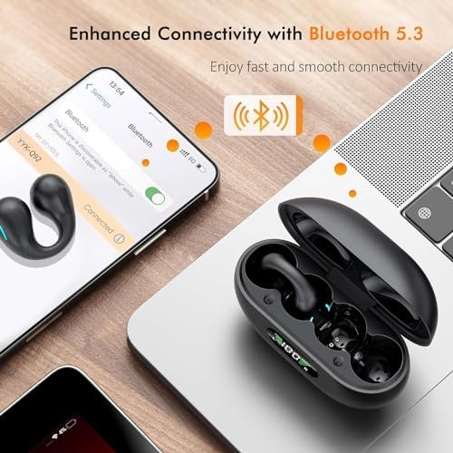 Open Ear Clip Wireless Earbuds Bluetooth 5.3, Sports Earphones Built-in Microphone with Earhooks & Ear Hook, Wireless Charging Case & Display, Waterproof Fitness Headphones for Running - Image 4