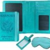 Passport Holder Wallet with Money Pocket Combo Vaccine and Credit Card Holder, RFID Blocking Travel Gift Set Airport Wallet Organizer With Luggage Tag and Silk Sleep Eye Mask (Turquoise)
