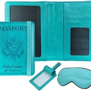 Passport Holder Wallet with Money Pocket Combo Vaccine and Credit Card Holder, RFID Blocking Travel Gift Set Airport Wallet Organizer With Luggage Tag and Silk Sleep Eye Mask (Turquoise)