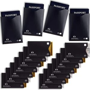 18 RFID Blocking Sleeves (14 Credit Card Holders & 4 Passport Protectors) Ultimate Premium Identity Theft Protection Set for Men & Women. Smart Slim Design perfectly fits Wallet/Purse