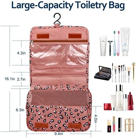 Hanging toiletry bag for Women,makeup travel bag,with Jewelry Organizer Compartment,Large Cosmetic Bag Travel Bathroom Shower Accessories (Leopard print pink, Large) - Image 2