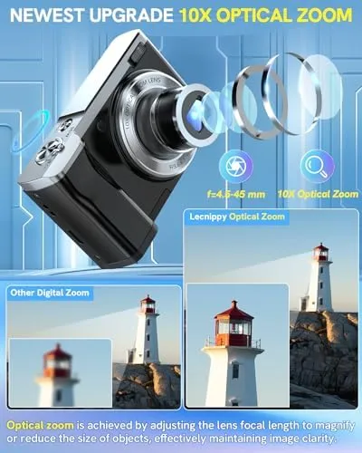 5K Digital Camera 2024 Newest 56MP Cameras for Photography Autofocus,10X Optical Zoom Vlogging Compact Camera with Front and Rear Camera,6-Axis Anti-Shake,Touch Screen with 64GB SD Card,2 Batteries - Image 3