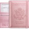WALNEW Passport Holder Wallet, RFID Blocking Passport Cover Case PU leather Card Holder with Pen and Clear Card Slot for Women Men, Rosegold