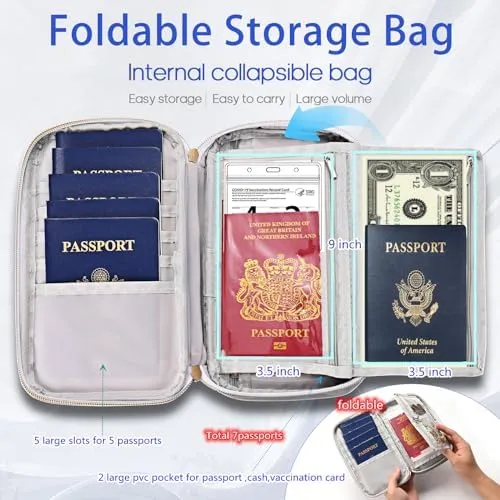 RFID Blocking, Multifunctional, Durable, Lightweight, Three-Layer Family Passport Holder, Travel Wallet(Green), Travel Documents Organizer, 7PVC Pockets For First Aid Items,Expensive items - Image 2