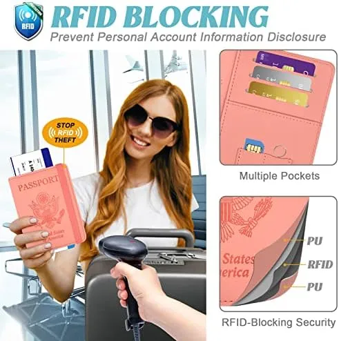 Leather Passport Holder Covers Case, RFID Blocking Waterproof Passport wallet with Pen Holder, Cute Travel Wallet Accessories for Women/Men, Baby Pink-1 - Image 3