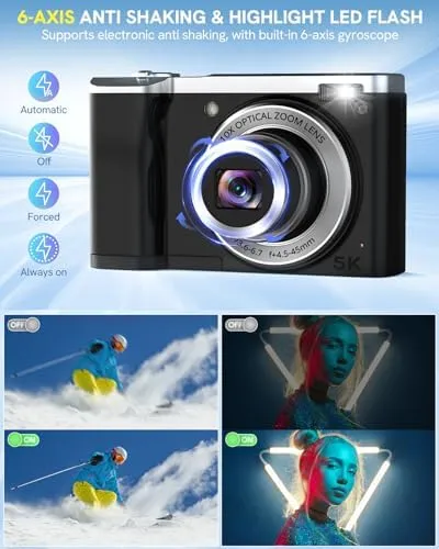 5K Digital Camera 2024 Newest 56MP Cameras for Photography Autofocus,10X Optical Zoom Vlogging Compact Camera with Front and Rear Camera,6-Axis Anti-Shake,Touch Screen with 64GB SD Card,2 Batteries - Image 7
