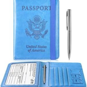 Passport and Vaccine Card Holder Combo, Leather Passport Wallet RFID Blocking with Elastic Strap & Pen Travel Passport Cover Case, Passport Holder with Vaccination Card Slot, Turquoise