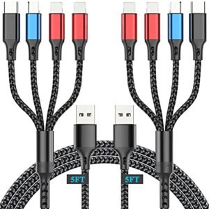 Multi Charging Cable 3A (2Pack 5FT) Nylon Braided Universal 4 in 1 Multiple Ports Devices USB Charger Cord with Type C/Micro USB Connectors for Phones Tablets (Charging Only)
