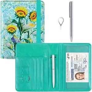 HOTCOOL Passport Holder UPGRADED VERSION Leather Passport Accessories for Women Men Wallet Travel Cover Case, with 11 Pockets, Pen and Pin, RFID Blocking and Elastic Strap, Sunflower