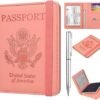 Leather Passport Holder Covers Case, RFID Blocking Waterproof Passport wallet with Pen Holder, Cute Travel Wallet Accessories for Women/Men, Baby Pink-1