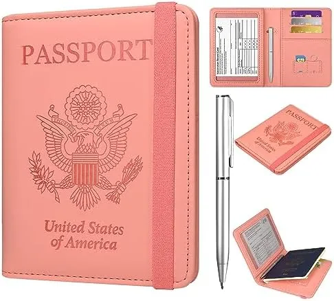 Leather Passport Holder Covers Case, RFID Blocking Waterproof Passport wallet with Pen Holder, Cute Travel Wallet Accessories for Women/Men, Baby Pink-1