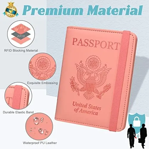 Leather Passport Holder Covers Case, RFID Blocking Waterproof Passport wallet with Pen Holder, Cute Travel Wallet Accessories for Women/Men, Baby Pink-1 - Image 6