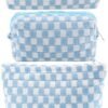 3Pcs Checkered Makeup Bag for Women Large Medium Small Blue Cosmetic Bag Set Travel Makeup Pouch for Purse Zipper Toiletry Organizer Cute Kawaii Aesthetic Trendy Travel Essentials Accessories