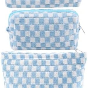 3Pcs Checkered Makeup Bag for Women Large Medium Small Blue Cosmetic Bag Set Travel Makeup Pouch for Purse Zipper Toiletry Organizer Cute Kawaii Aesthetic Trendy Travel Essentials Accessories