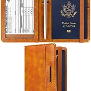 Caweet Passport Holder and Vaccine Card Holder Combo RFID Blocking Leather Vaccination Card Wallet with Elastic Band Closure, Brown