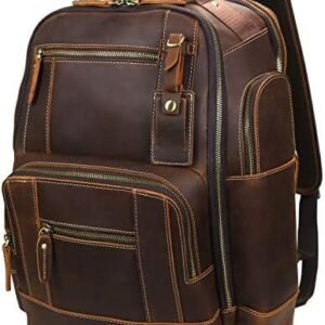 LANNSYNE Men's Vintage Full Grain Leather 15.6 Inch Laptop Backpack Camping Travel 24L Rucksack
