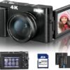 4K Digital Camera for Photography and Video Autofocus Anti-Shake, 48MP Vlogging Camera with SD Card, 3'' 180° Flip Screen Compact Camera with Flash, 16X Digital Zoom Travel Camera (2 Batteries)