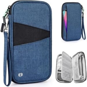 RFID Family Passport Holder Travel Wallet, Large Waterproof Passport Wallet for Men Women,Travel Document Organizer with Zipper Pocket & Wrist Strap (Blue)