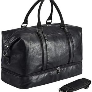Leather Travel Bag with Shoe Pouch,Weekender Overnight Bag Waterproof Large Carry On Travel Tote Duffel Bag