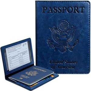 Passport Holder Cover Wallet Case RFID Blocking Leather Card Slot Travel Accessories Documents Organizer Protector for Women Men, Navy Blue