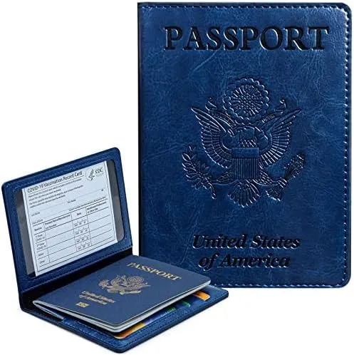 Passport Holder Cover Wallet Case RFID Blocking Leather Card Slot Travel Accessories Documents Organizer Protector for Women Men, Navy Blue