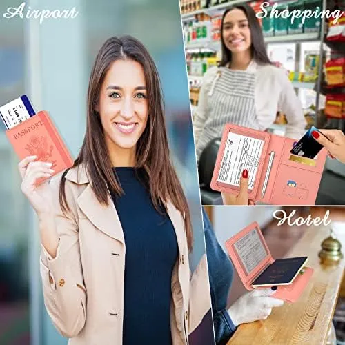 Leather Passport Holder Covers Case, RFID Blocking Waterproof Passport wallet with Pen Holder, Cute Travel Wallet Accessories for Women/Men, Baby Pink-1 - Image 2