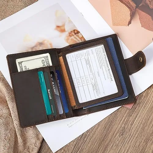 Polare Full Grain Leather Snap Passport and Vaccine Card Holder Combo RFID Blocking Travel Wallet Cover (Dark Brown) - Image 2