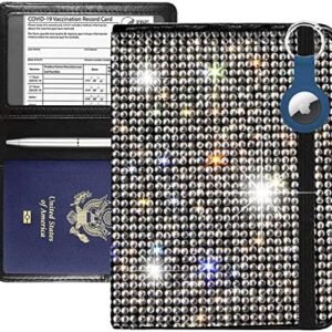 Bling Passport Vaccine Card Drive License Holder Combo W/Airtag Keychian, Glitter RFID Blocking Credit Card Holder Travel Wallets Cover Case for Men Women Colorful