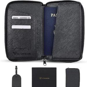 RFID Blocking Waterproof Passport Holder & Luggage Tag Set with Zipper Closure & Sim Pockets | Lightweight PU Leather Passport Wallet for Men & Women | Travel Wallet Organizer | Black