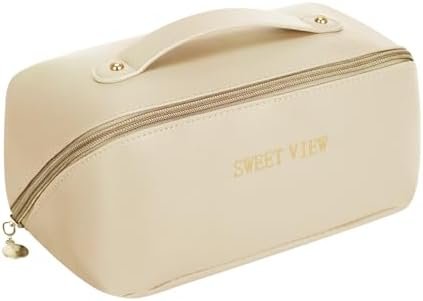SWEET VIEW Makeup Bag, Large Capacity travel cosmetic bags, Waterproof Leather Flat Lay Toiletry Bag, Make up Organizer with Divider and Handle (Beige)