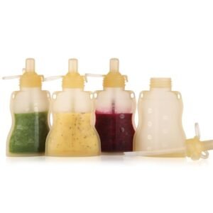 Haakaa Reusable Pouches for Baby Food, Food Grade Silicone, 4oz,4 Pack,6m+(Banana)