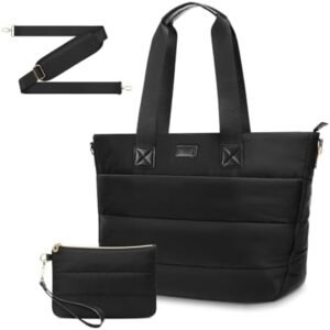 MOSISO Puffy Laptop Tote Bag, 15.6 inch Computer Bag with Front Pocket, 16 inch Large Capacity Shoulder Messenger Bag Casual Handbag Work Briefcase for Office Travel with Purse & Trolley Belt, Black