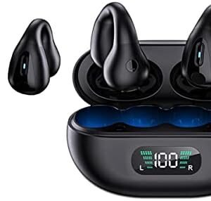 Wireless Ear Clip Skeleton Conduction Headphones, Premium Open Ear Headphones Wireless Bluetooth, Skeleton Conduction Bluetooth Earphones for Running, Sports, Cycling (Black Battery Display)