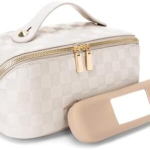 Cessfle Travel Makeup Bag Set, Checkered Makeup Bag with Travel Makeup Brush Holder Leather Travel Toiletry Bag Set Large Capacity Travel Cosmetic Bag Makeup Organizer for Women…