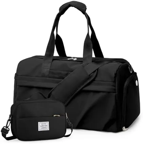 Gym Bag for Women Men, Sport Duffel Bag with Toiletry Bag & Shoe Compartment,Waterproof Travel Weekender Overnight Carry on Bag for Yoga with Trolley Sleeve, Black Set