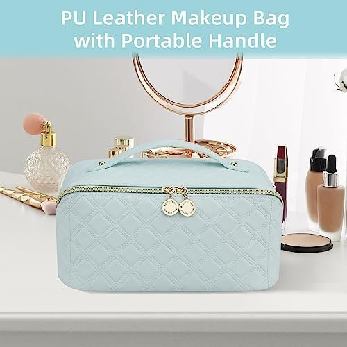 Ineowelly Makeup Bag, Large Capacity Travel Cosmetic Bag for Women, PU Leather Makeup Travel Bag Waterproof, Multifunctional Toiletry Bag with Portable Handle & Layered (Light-Blue) - Image 7