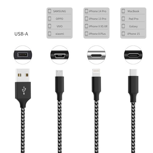 Multi Charging Cable(2Pack 4FT), Nylon Braided 3 in 1 Universal Phone Charger Fast Charging with Type-C/Micro USB and IP Port, Compatible with Most Cell Phones - Image 3