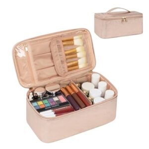 OCHEAL Makeup Bag,Vegan Leather Makeup Organizer Bag,Travel Essentials Cosmetic Bag Make Up Bag Small Makeup Case Toiletry Bag for Women,Compact Capacity for Daily Use, Double Zippers -Rose Gold