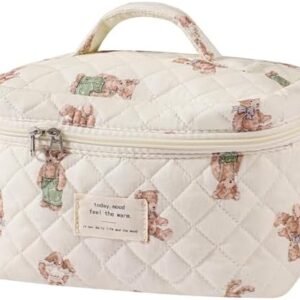 Large Makeup Bag, Cute Cosmetic Bag for Women Girls, Floral Coquette Aesthetic Toiletry Bag, Travel Make Up Organizer Bag (White-Bear)