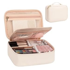 OCHEAL Makeup Bag, Cute Makeup Organizer Bag Potable Make up Bag for Toiletry Cosmetics Accessories with Divider and Brushes Compartments, Travel Case for Women Girls- Beige White